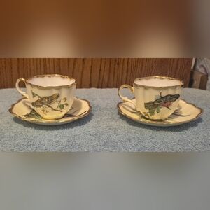 Vintage Royal Kent Bone China Bird Teacups & Saucers Set of 2 England Gold Trim
